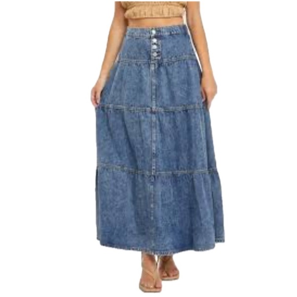 Risen, Denim Maxi Skirt button front tiered, Size XL - Picture 1 of 4